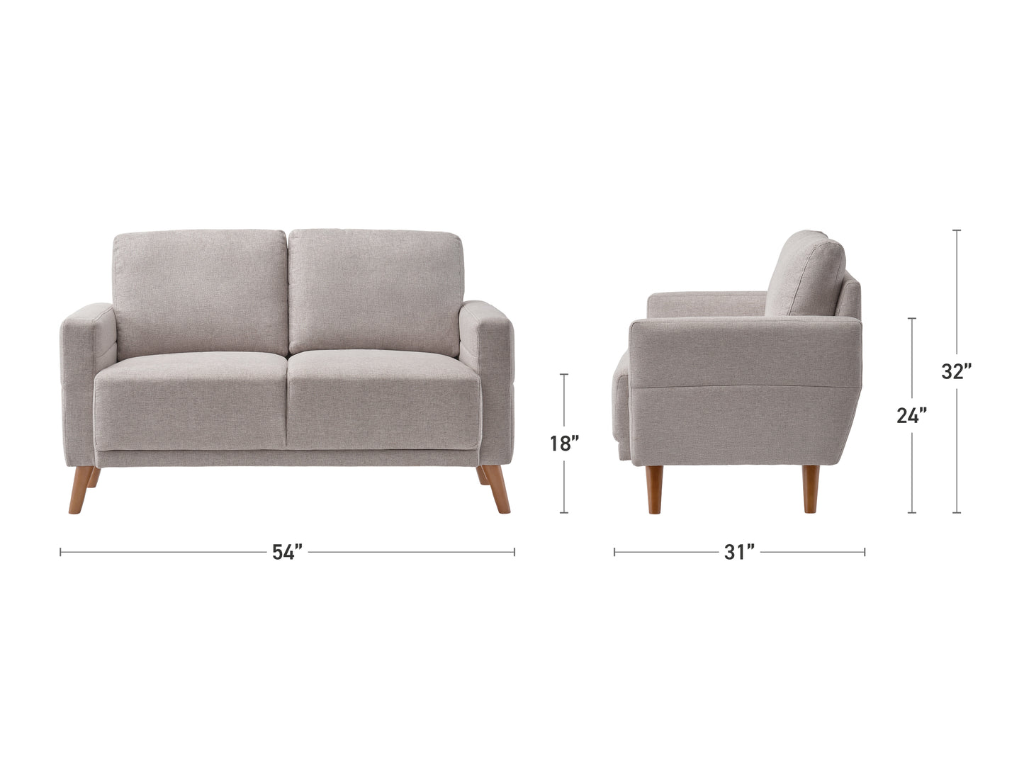 Gray tufted 2 seat loveseat with wooden legs, upholstered in soft fabric, featuring mid-century modern design and plush cushions for comfort.