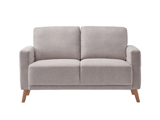 Modern gray 2-seat sofa loveseat with tufted backrest, wooden legs, and soft fabric upholstery. Ideal for small living spaces, providing both comfort and style.