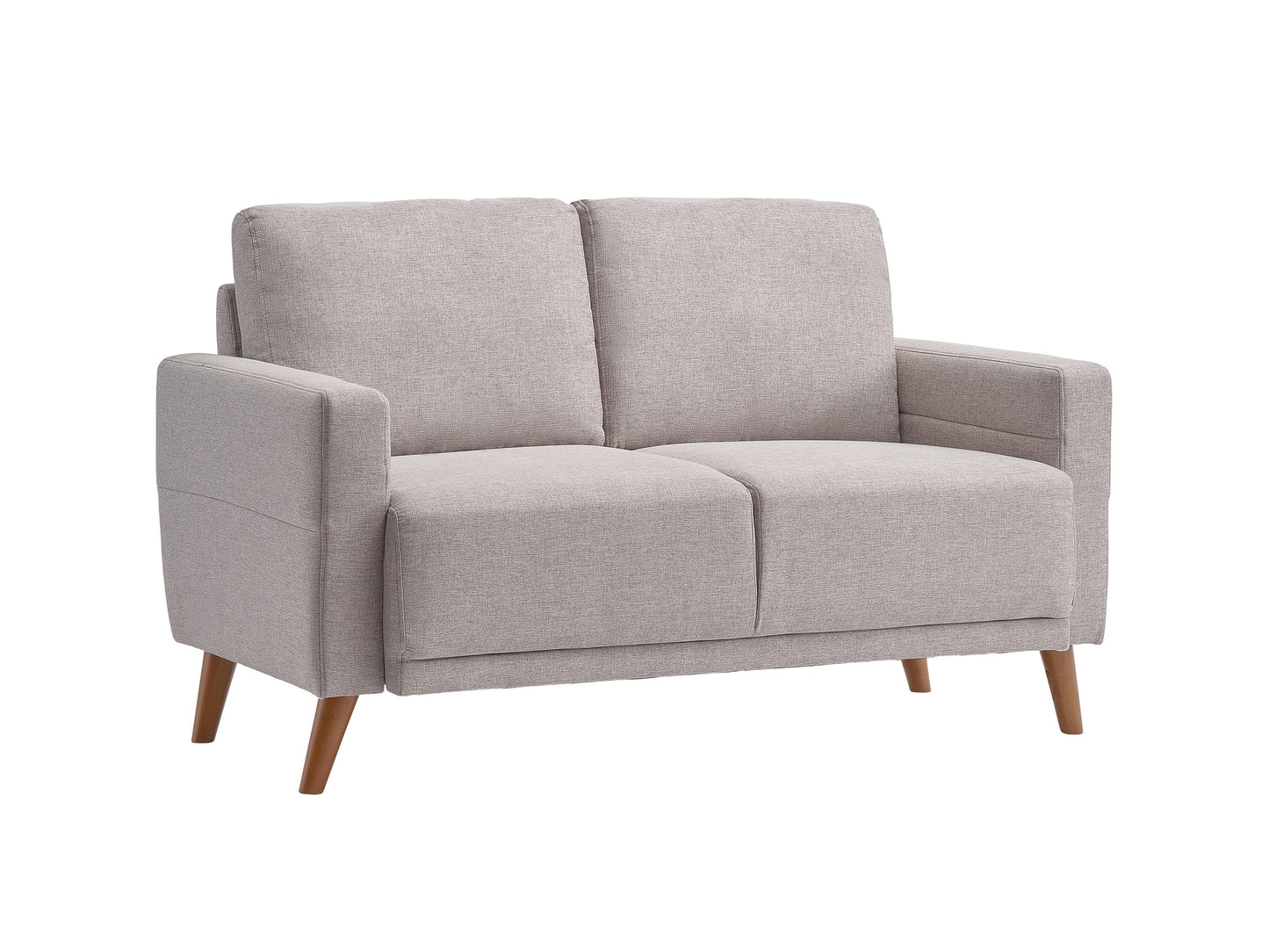 Modern 2-seat loveseat in light gray fabric with wooden legs, tufted backrest, and armrests, perfect for small living rooms or apartments.