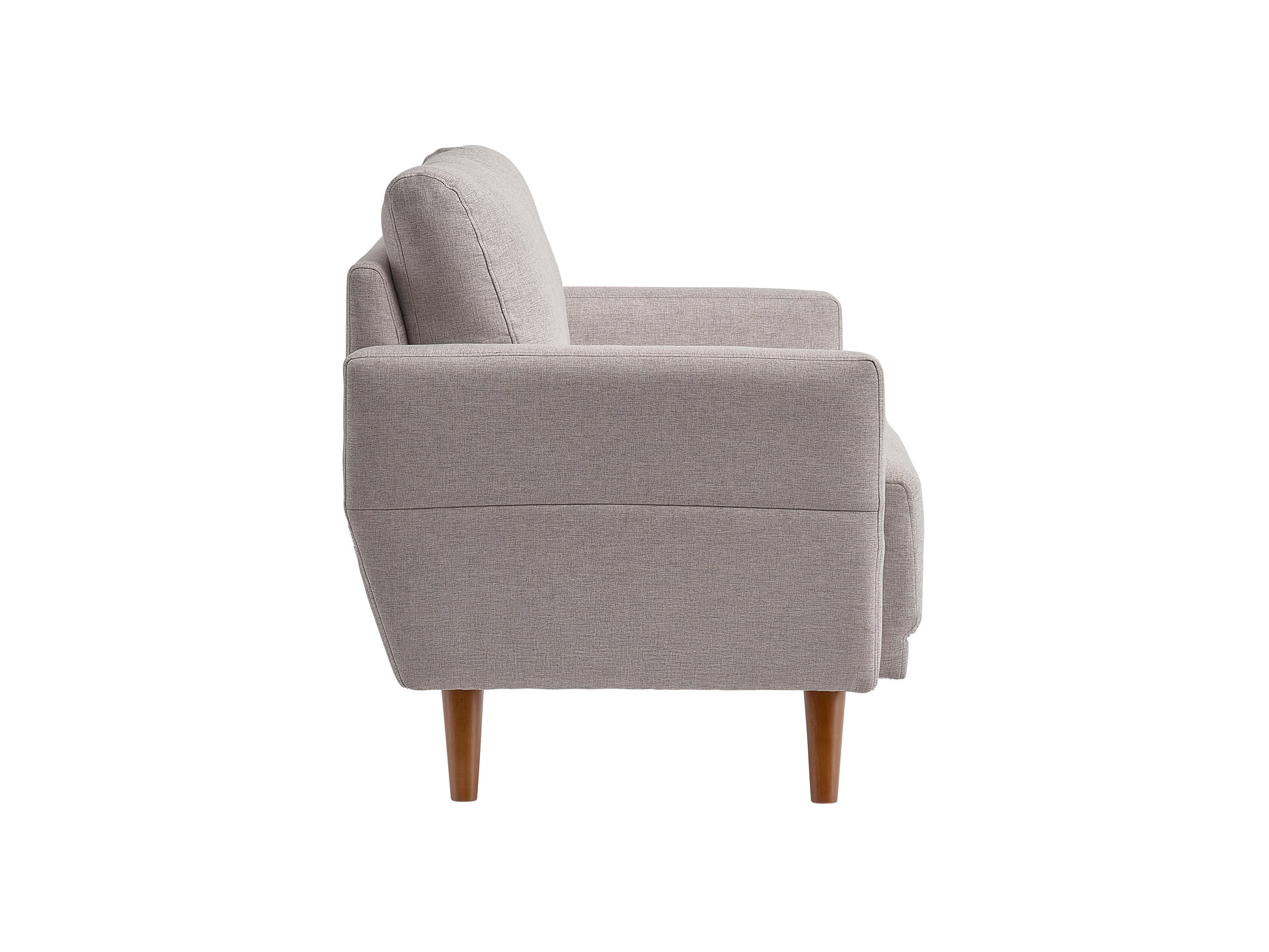 Modern 2-seat loveseat in light gray fabric with wooden legs, featuring a tufted backrest, square armrests, and a minimalist design, perfect for contemporary living rooms or small spaces.