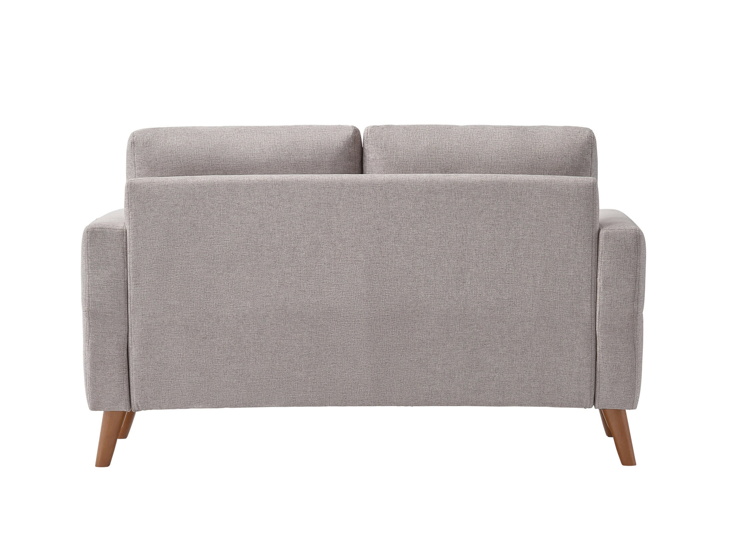 Modern 2-seat loveseat in soft gray fabric with sleek wooden legs, tufted backrest, and armrests. Ideal for small living spaces, this stylish and comfortable sofa adds a contemporary touch to any room.