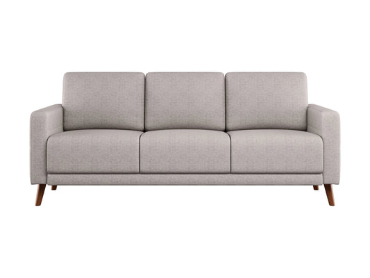 Modern 3-seat sofa with a sleek design, featuring a light gray fabric upholstery, plush cushions, and slim wooden legs. Ideal for contemporary living rooms, offering both comfort and style.