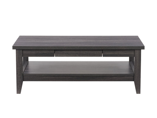 Mid-century modern coffee table with a rectangular walnut wood top and sleek black metal legs, featuring a lower shelf for storage and a smooth, minimalist design perfect for contemporary living rooms.