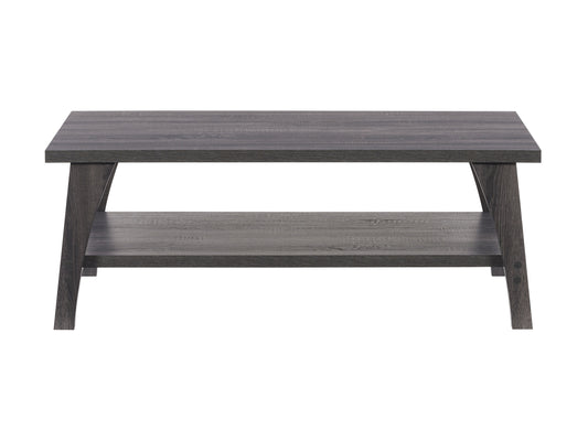 Two tier coffee table with a natural wood finish and black metal frame, featuring a spacious lower shelf for storage and a sleek, modern design perfect for living rooms.