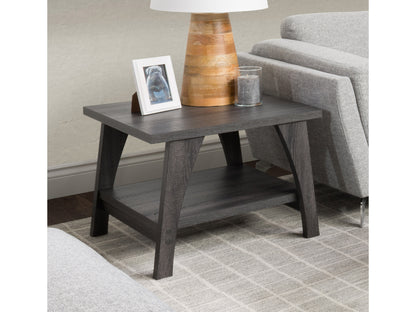 Modern square end table with a sleek black metal frame and a light wood top, featuring a lower wooden shelf for additional storage. Ideal for living rooms or bedrooms, blending contemporary style with functionality.