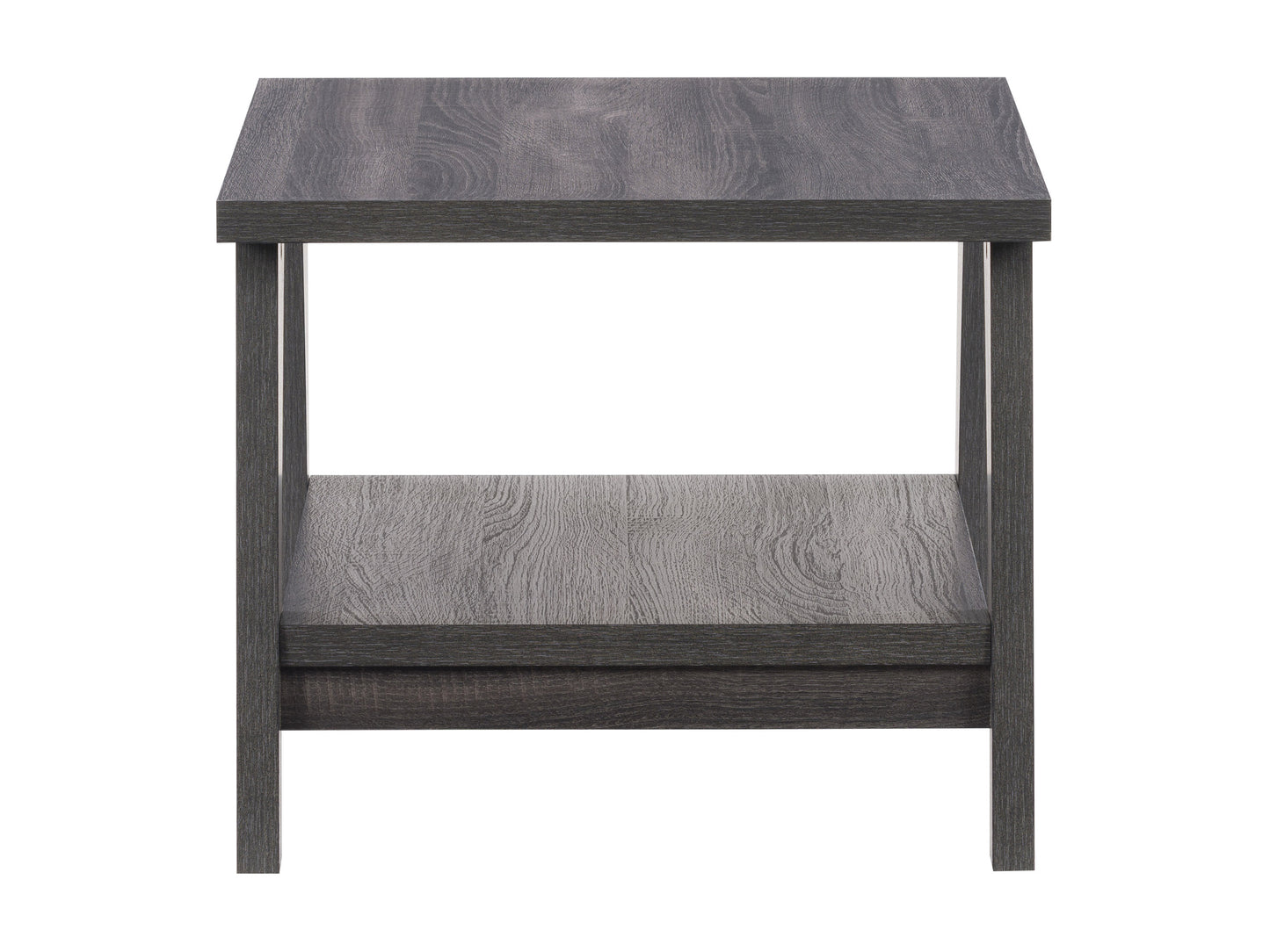 Modern square end table with a natural wood finish, black metal frame, and lower shelf for storage. Industrial style side table perfect for living rooms or bedrooms.