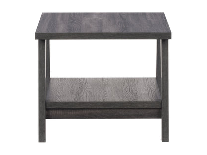 Modern square end table with a natural wood finish, black metal frame, and lower shelf for storage. Industrial style side table perfect for living rooms or bedrooms.