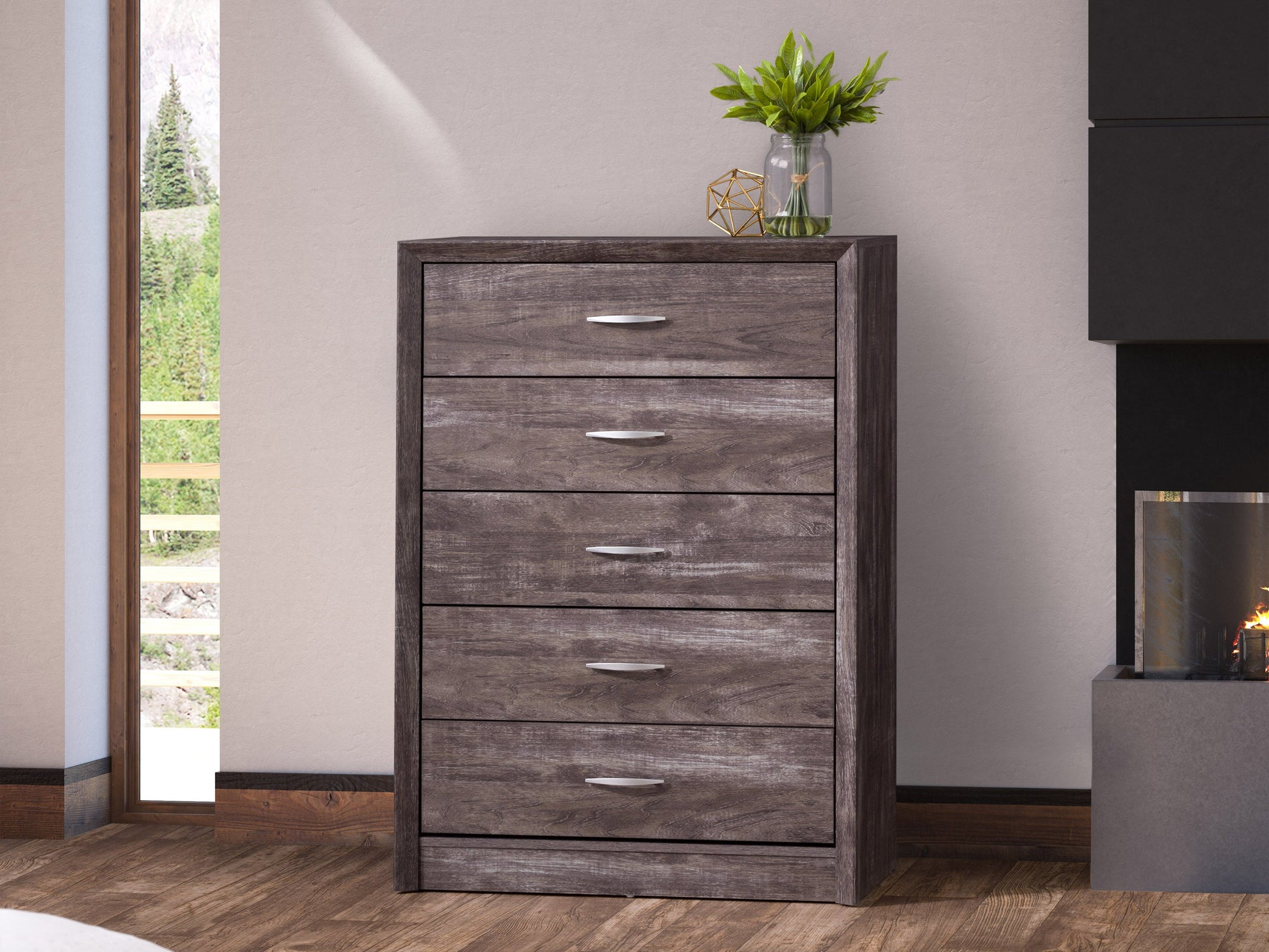 Modern tall bedroom dresser in dark walnut finish with sleek metal handles, five spacious drawers, and minimalist design. Ideal for contemporary interiors, offering ample storage and stylish functionality.