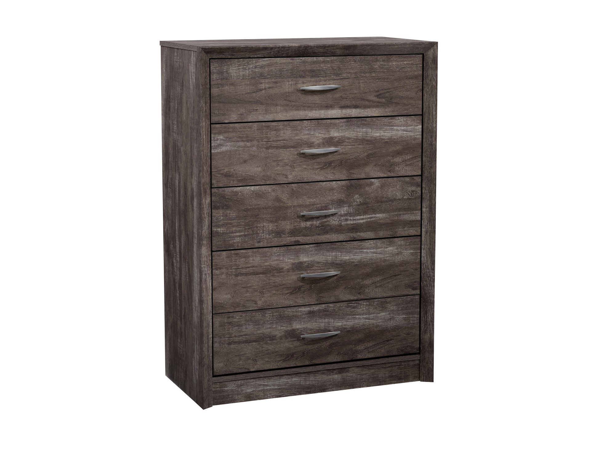 Tall bedroom dresser with four spacious drawers, walnut wood finish, sleek metal handles, and modern minimalist design. Perfect for contemporary bedroom storage solutions.