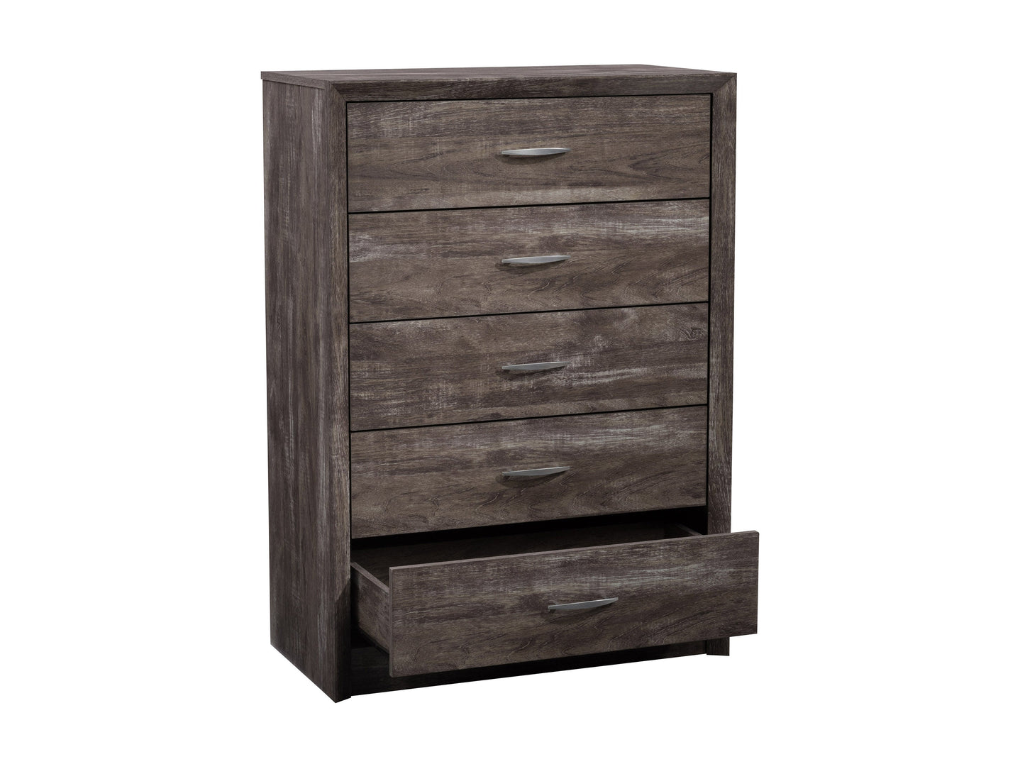 Tall wooden bedroom dresser with five spacious drawers, dark walnut finish, modern metal handles, and sleek minimalist design. Ideal for contemporary bedrooms seeking stylish and functional storage solutions.