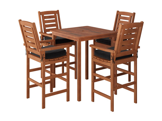 5-piece patio bar set with a round wooden table and four matching bar stools featuring cushioned seats and backs, all in a sleek black metal frame, perfect for outdoor dining and entertaining.