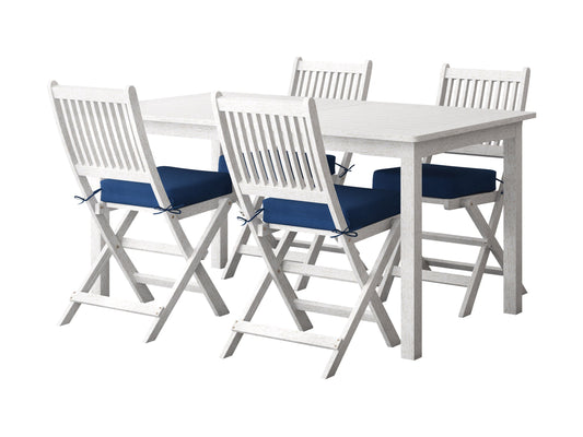 Outdoor patio dining set with rectangular wooden table and four beige cushioned chairs, featuring a modern design with a sturdy metal frame, perfect for garden or backyard dining.