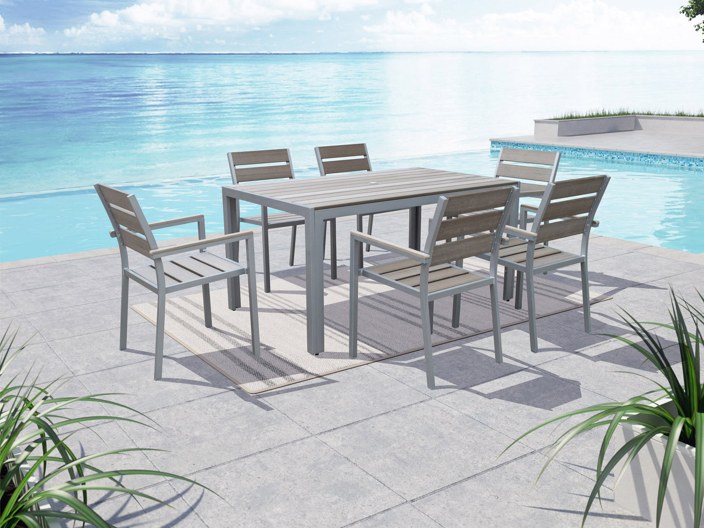 Outdoor dining set with a rectangular wooden table and six grey cushioned chairs, featuring a sleek black metal frame, perfect for patio or garden use.