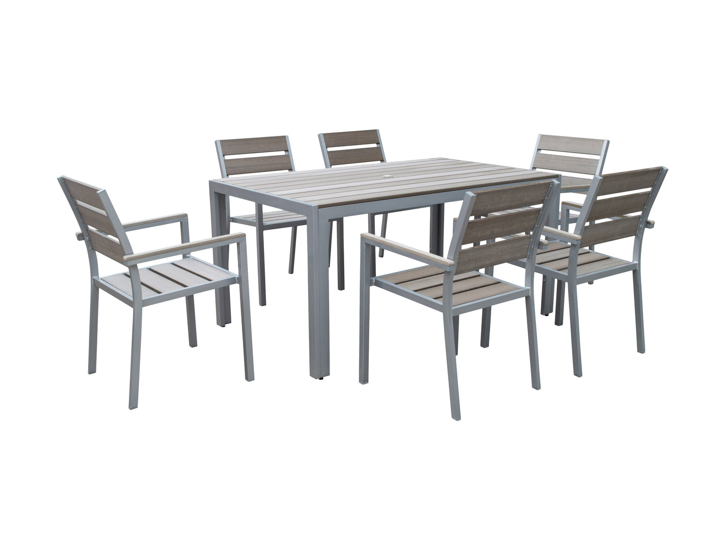 Outdoor dining set 7pc featuring a rectangular table with a glass top, six cushioned chairs, and a sturdy metal frame in black finish, perfect for patio or garden use.