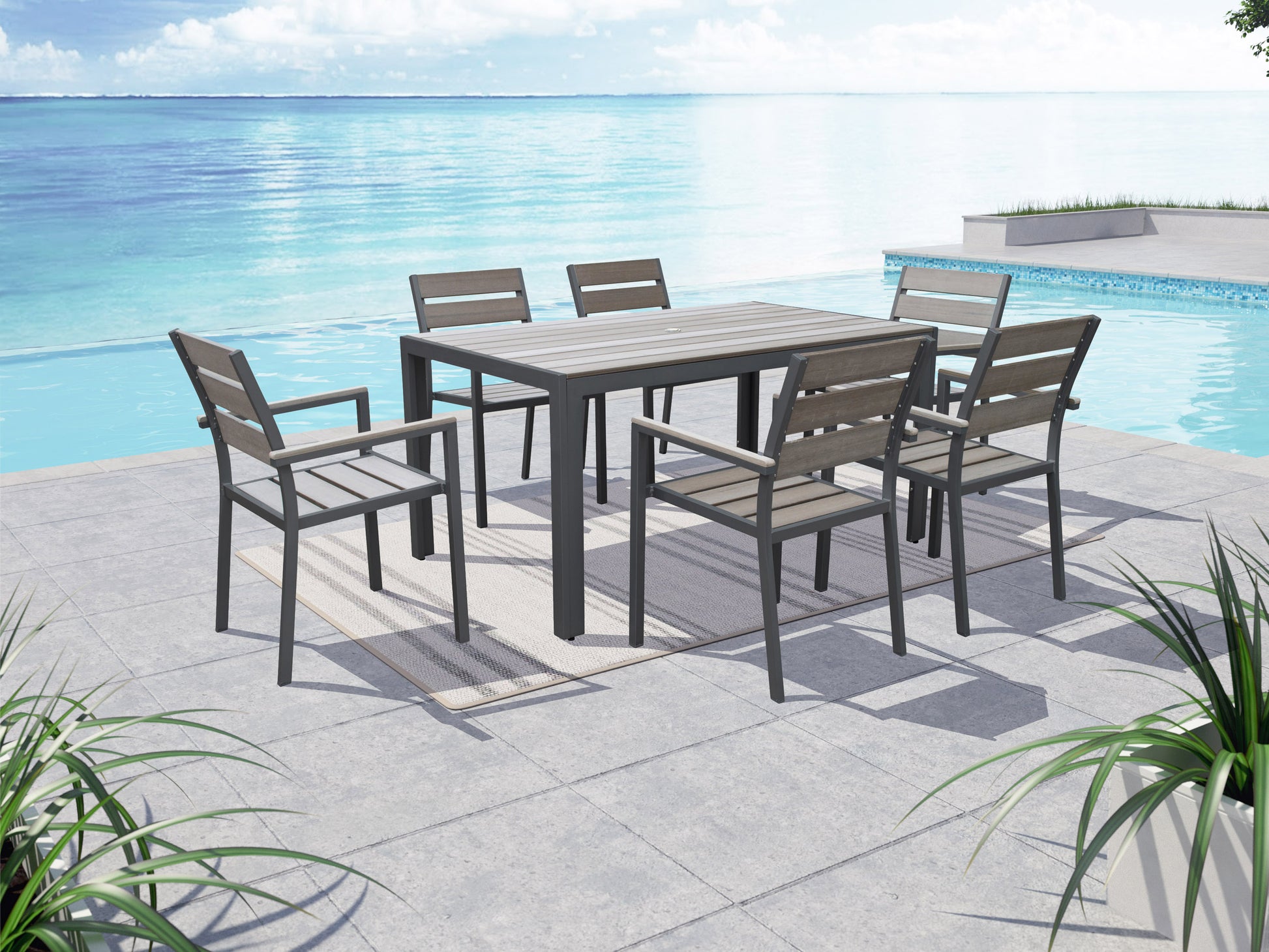 Outdoor patio dining set with a rectangular wooden table and six cushioned chairs, featuring a natural wood finish and beige cushions, perfect for garden or backyard gatherings.