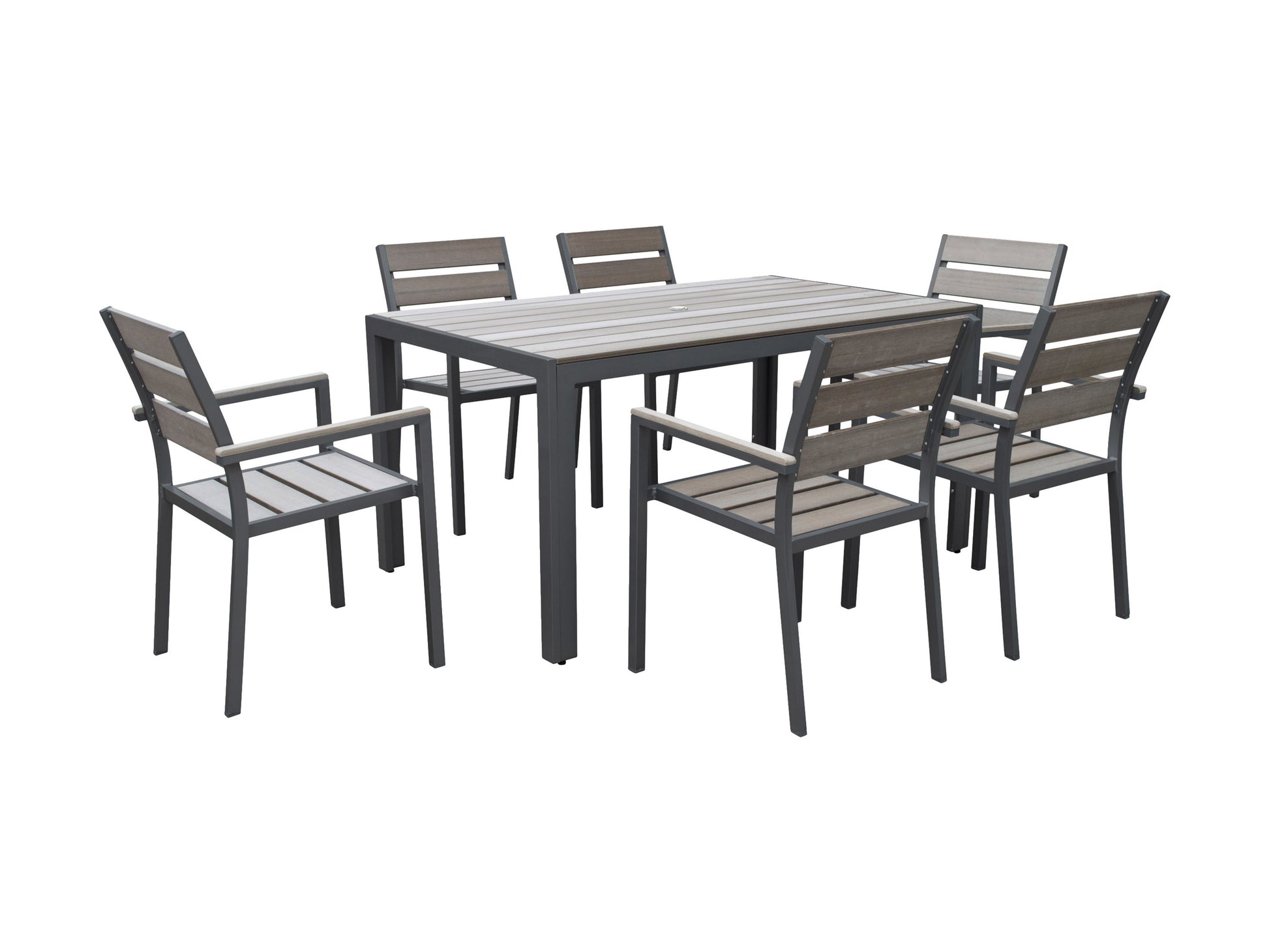 Modern outdoor dining set with 6 cushioned chairs and rectangular table, featuring a sleek black metal frame and weather-resistant gray fabric, perfect for patio or garden use.