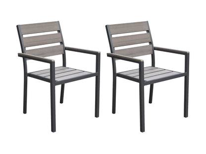 Outdoor patio dining set, 7-piece, includes rectangular wooden table and six cushioned chairs with black metal frames, ideal for garden or backyard gatherings.