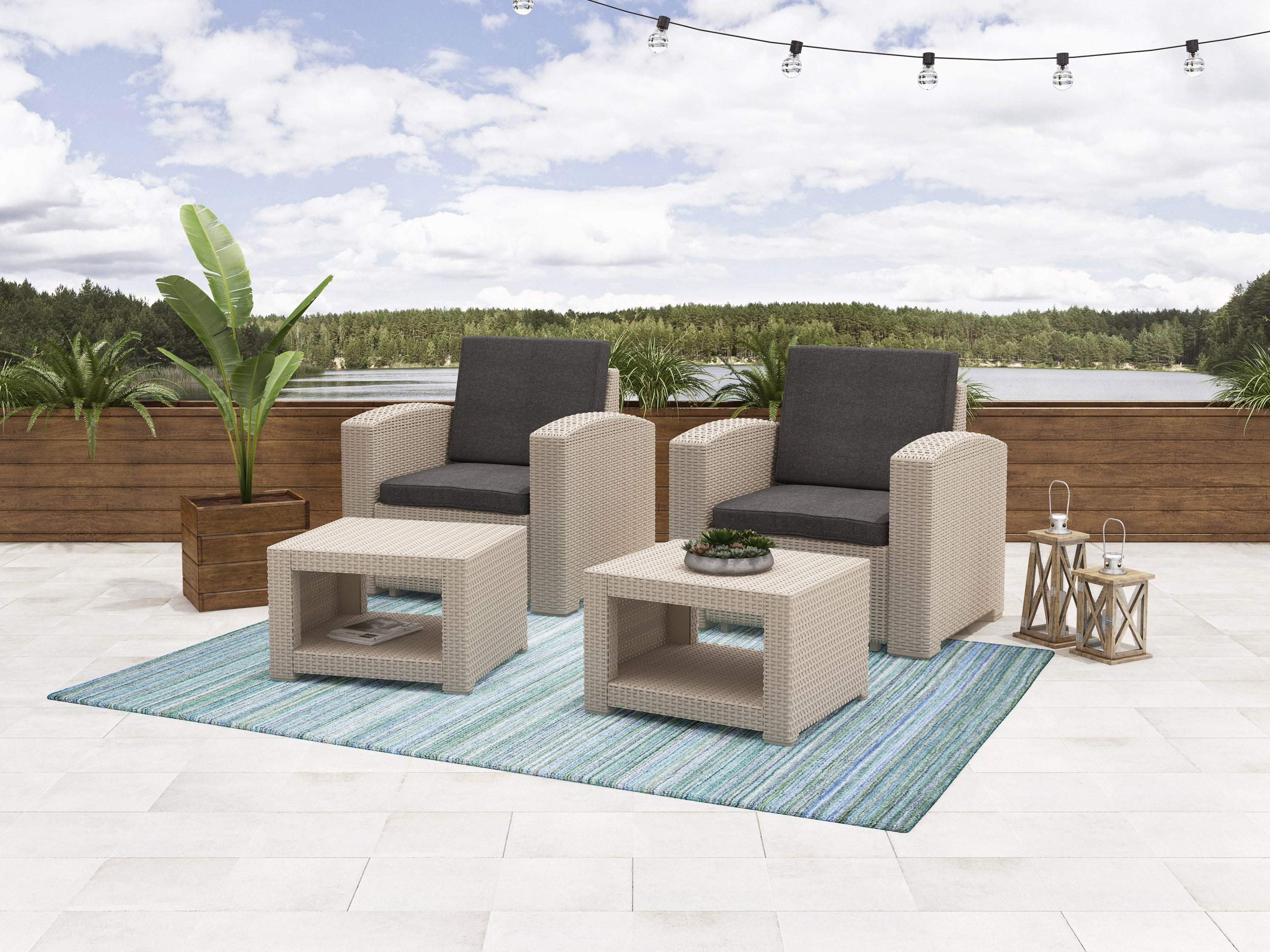 CorLiving 4pc All Weather Beige Dark Grey Chair and Ottoman Patio Set