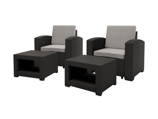 Outdoor patio conversation set with 2 brown wicker chairs, beige cushions, glass-top coffee table, and matching ottoman. Ideal for garden or backyard relaxation. Durable, weather-resistant materials.