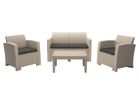 Gray 4-piece outdoor patio conversation set with cushioned seats, featuring a modern aluminum frame and a glass-top coffee table, perfect for backyard or garden relaxation and social gatherings.