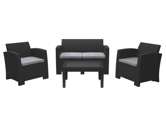 4-piece outdoor patio conversation set with gray wicker frame, beige cushions, and a glass-top coffee table. Includes two armchairs and a loveseat, perfect for garden or backyard lounging.