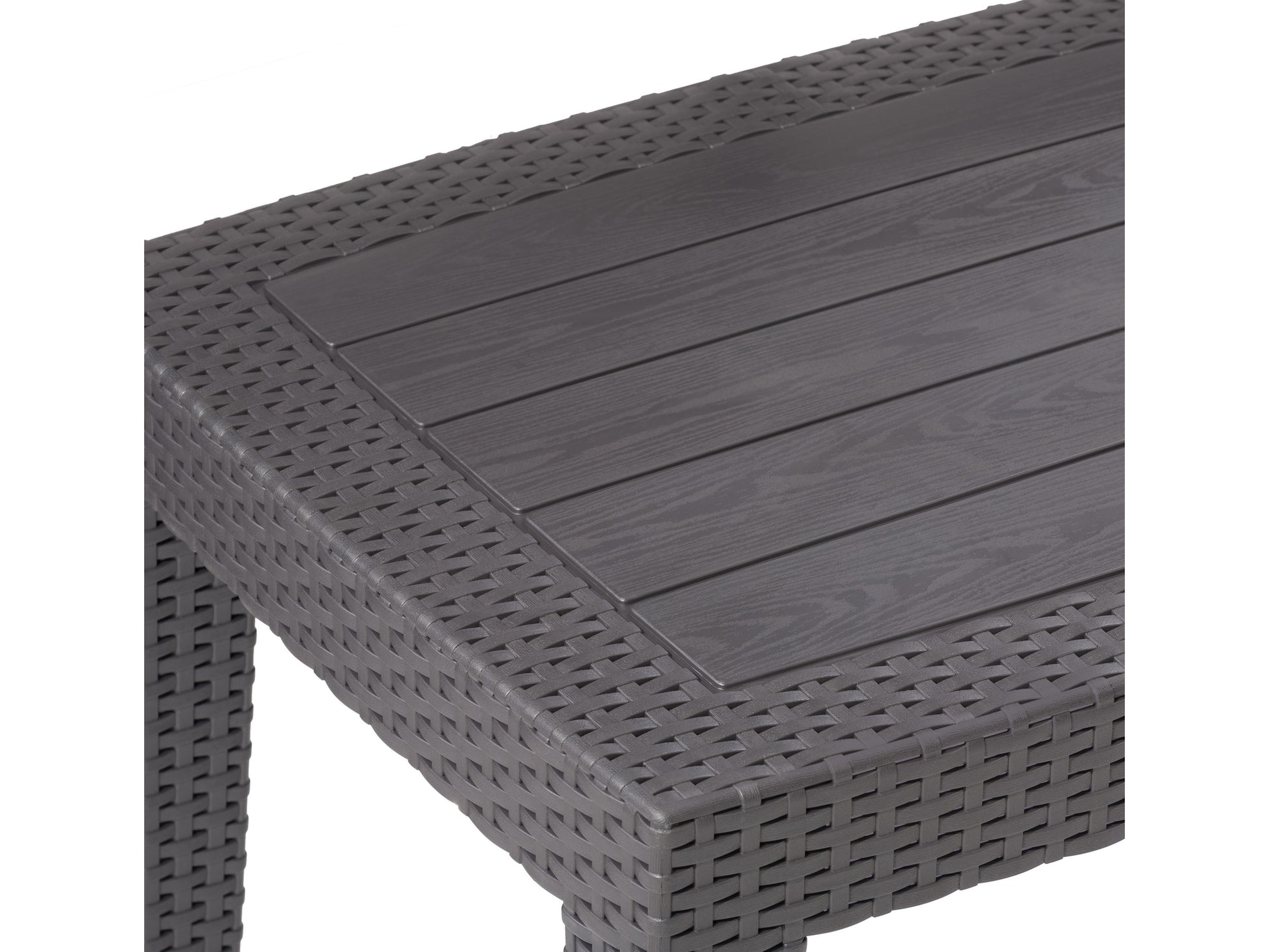 Gray 3-piece patio conversation set with cushioned chairs and a glass-top coffee table, featuring a sleek rattan weave design and weather-resistant materials, perfect for outdoor lounging.