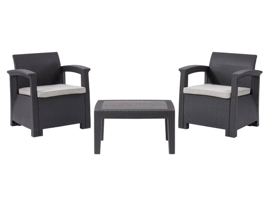 3-piece patio conversation set with two cushioned chairs and a glass-top side table, featuring a sleek black metal frame, beige cushions, and a modern design perfect for outdoor lounging.