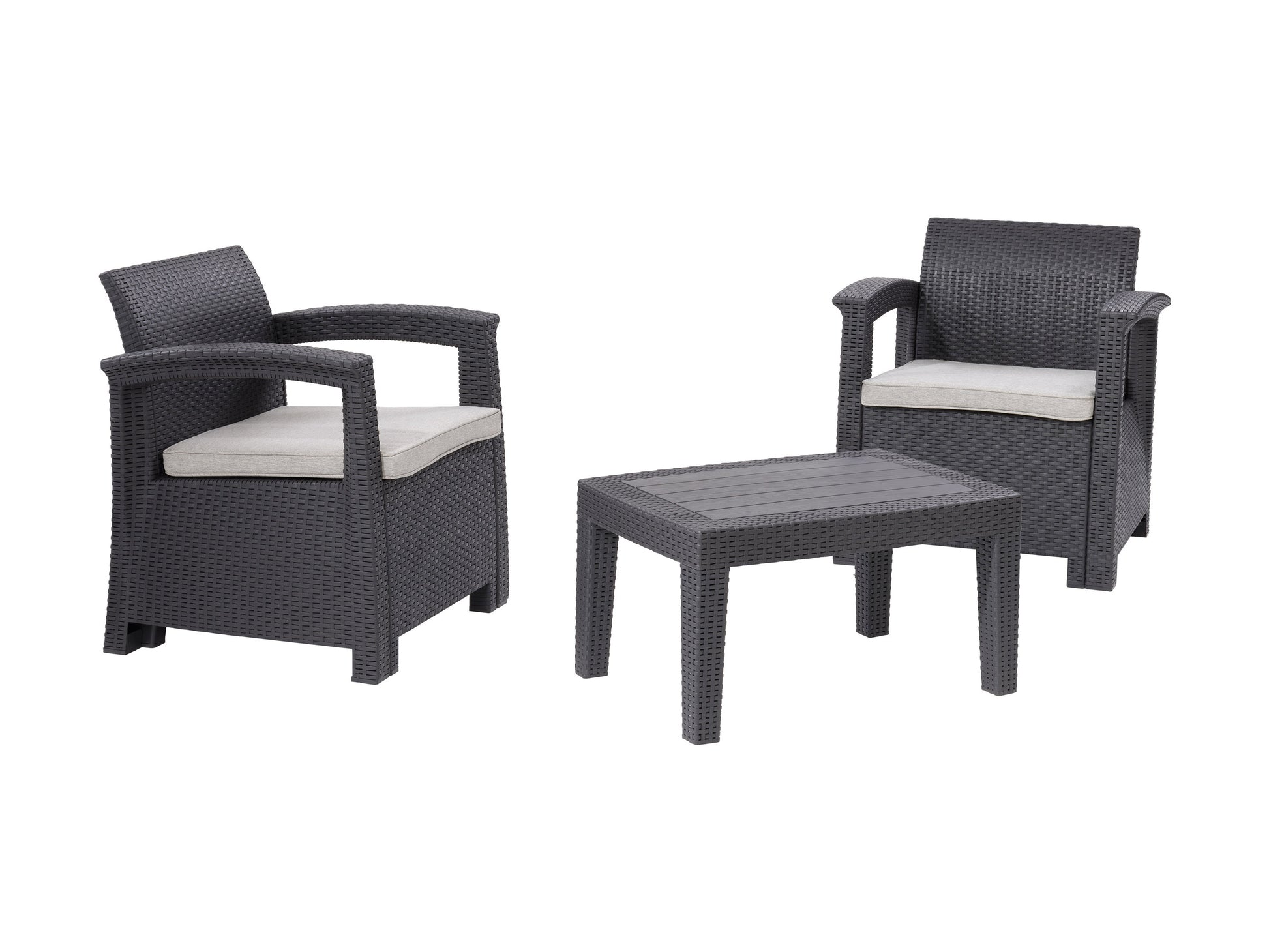 3pc patio conversation set with white cushions, dark brown rattan wicker, and glass-top coffee table, ideal for outdoor lounging and entertaining.