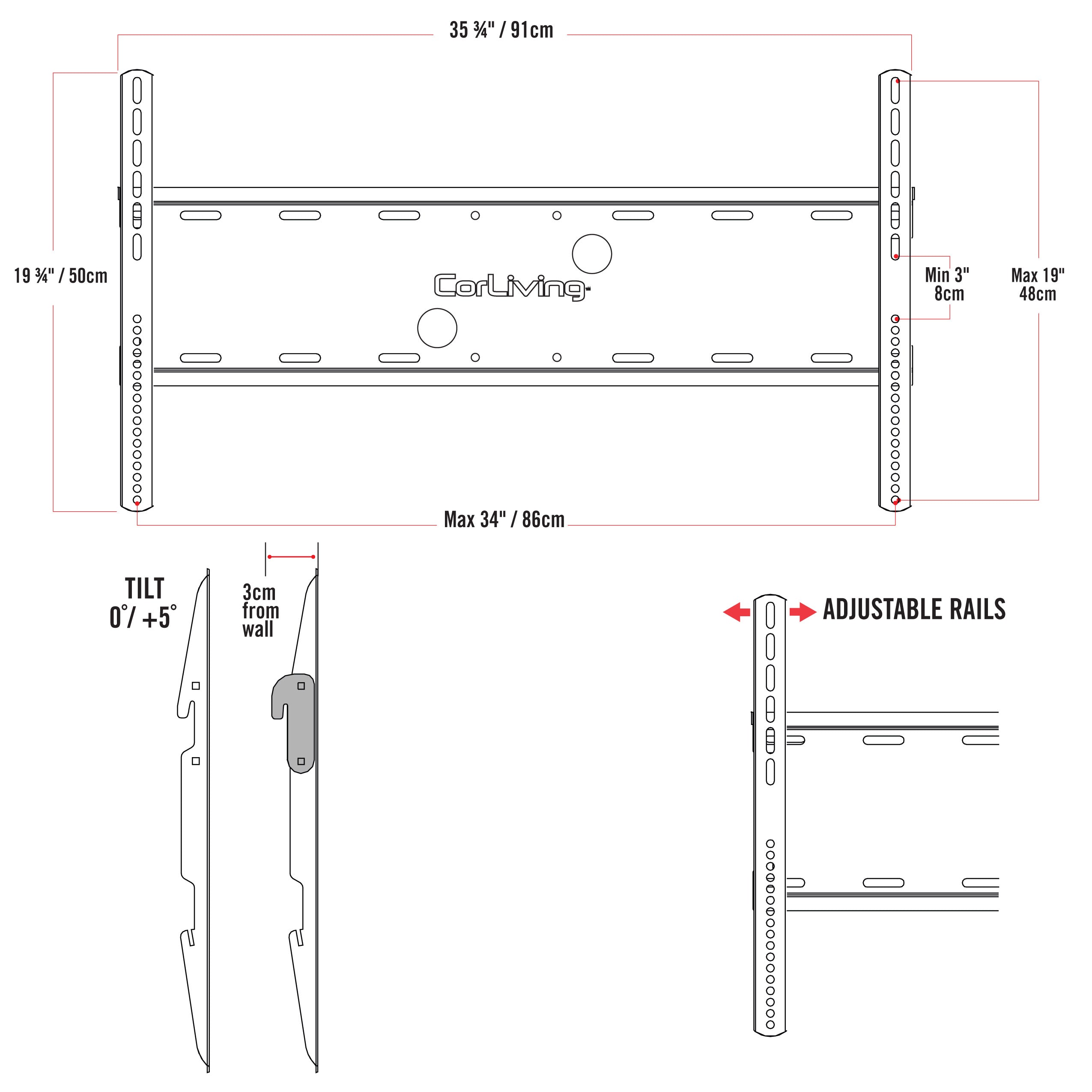 Corliving MPM-750-F Fixed Nail-On-Drywall Low-Profile TV Hangar Mount for  37 - 80 TVs