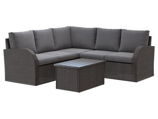 Outdoor wicker sectional set, 6-piece, featuring durable brown rattan, plush beige cushions, and a sleek glass-top coffee table, perfect for patio lounging and entertaining.