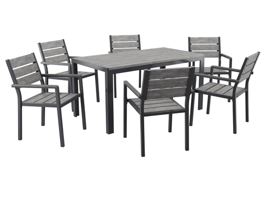 Modern outdoor patio dining set with six cushioned chairs and a rectangular wooden table, featuring a sleek black metal frame and weather-resistant materials, perfect for garden or backyard gatherings.