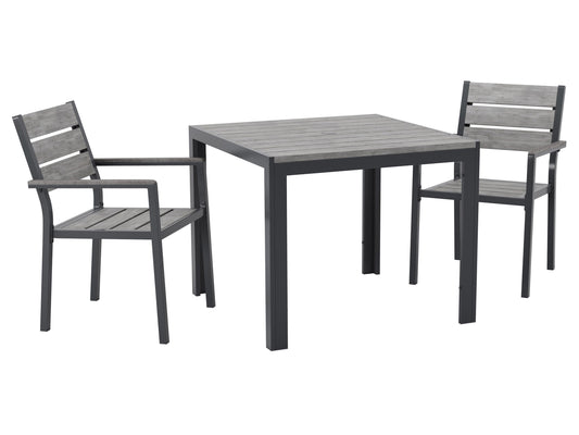 Alt Tag: 

"3-piece outdoor patio dining set with a rectangular wooden table and two matching benches, featuring a natural teak finish and weather-resistant cushions, ideal for garden or backyard use."