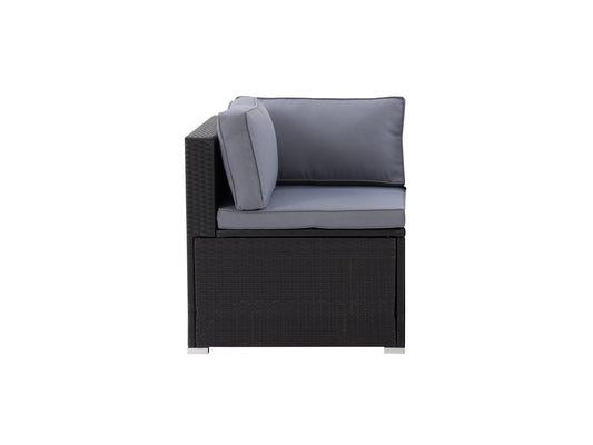 Outdoor corner patio chair with light gray cushions, black aluminum frame, and wooden armrests. Modern design perfect for gardens, patios, and outdoor seating areas. Weather-resistant materials for durability.