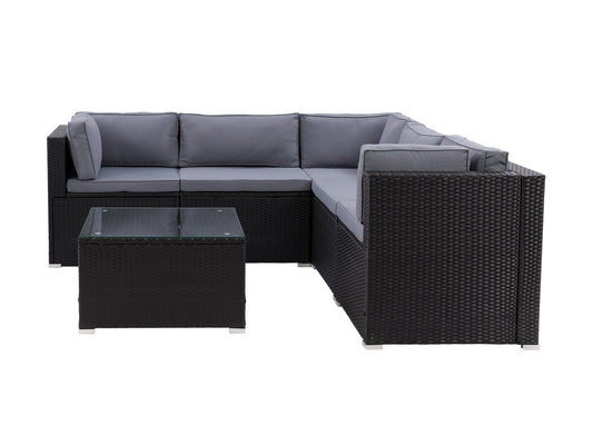 6-piece patio sectional set with beige cushions, brown wicker frame, and glass-top coffee table. Ideal for outdoor lounging, featuring weather-resistant materials and modular design for customizable seating arrangements.