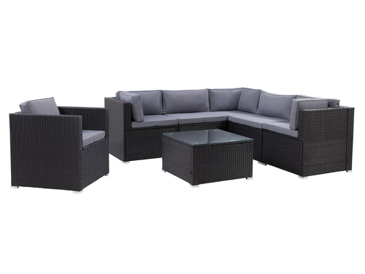 Grey outdoor sectional set with cushions, featuring a 7-piece modular design, woven rattan texture, and a glass-top coffee table. Ideal for patios and outdoor lounging, providing comfort and style.