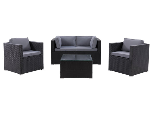 Gray outdoor sofa set with cushions, glass-top coffee table, and two armchairs on a patio. Wicker rattan construction, weather-resistant, stylish and comfortable. Ideal for outdoor lounging and entertaining.