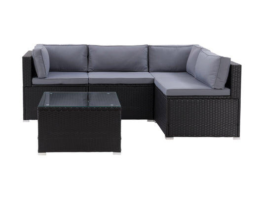 5-piece patio wicker sectional set with beige cushions, featuring a sturdy brown wicker frame, modular design, and a glass-top coffee table, perfect for outdoor lounging and entertaining.