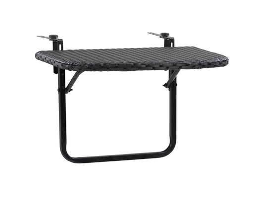 Black metal balcony railing table with wooden slats, designed for outdoor use. Features a sleek, space-saving design perfect for small balconies or patios. Durable materials ensure long-lasting use in various weather conditions.