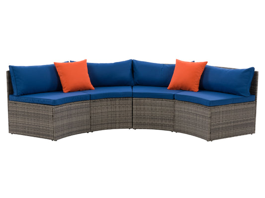 Curved outdoor sofa set with beige cushions and brown wicker frame, featuring a 2-piece sectional design perfect for patio lounging and garden seating.