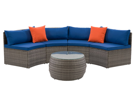 Curved outdoor patio sectional set in dark wicker with beige cushions, featuring a 3-piece modular design, perfect for garden or backyard lounging.