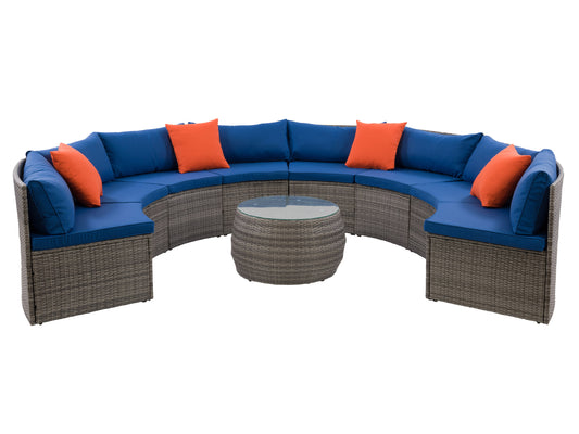 Circular outdoor patio sectional, 5-piece set in gray wicker with beige cushions, featuring a round design and weather-resistant materials perfect for garden or backyard seating.