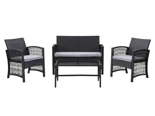 4-piece patio conversation set with gray cushions, black wicker frame, and glass-top coffee table, perfect for outdoor lounging and entertaining.