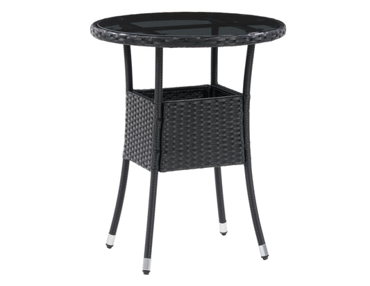 Modern outdoor bistro table with a sleek black metal frame and a round wooden top, designed for patio use. The table features a minimalist style, perfect for small outdoor spaces and casual dining.