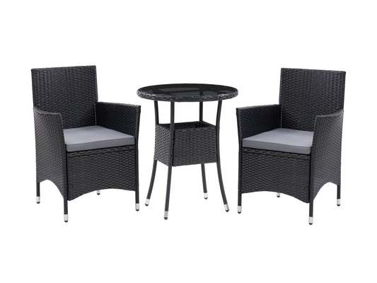 Modern 3-piece patio bistro set with a round glass-top table and two cushioned wicker chairs in beige and brown, featuring durable steel frames and weather-resistant materials ideal for outdoor dining.