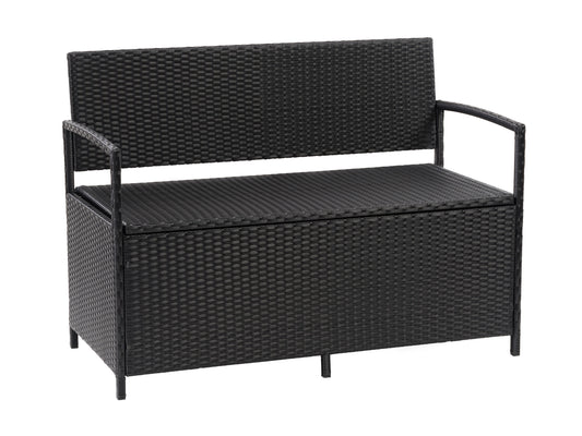 Outdoor patio bench with storage, featuring a sleek black metal frame, light brown wooden slats, and a spacious under-seat compartment for convenient outdoor storage.