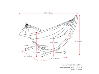 Wooden stand hammock for patio, featuring a durable beige fabric hammock with a sturdy, curved wooden frame. Ideal for outdoor relaxation, blending natural wood texture with minimalist design for a stylish garden lounge.