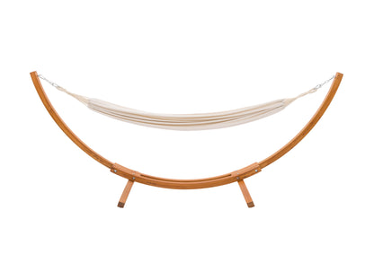 Wooden stand hammock with beige fabric, featuring sturdy construction and elegant design, ideal for outdoor relaxation. Perfect for patios and gardens, offering comfort and style with durable, weather-resistant materials.