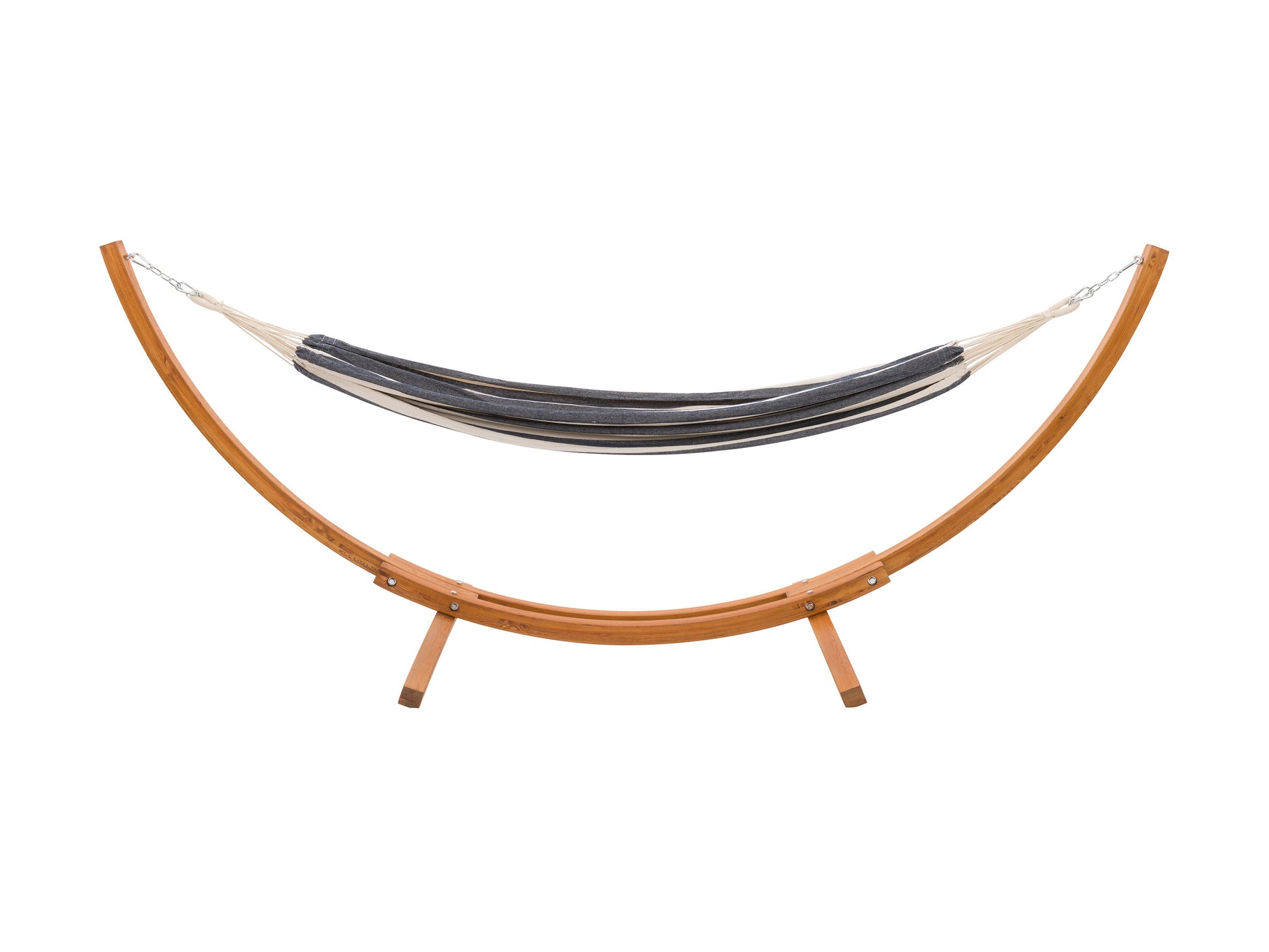 Elegant patio hammock with wooden stand, featuring a durable beige fabric bed and sturdy curved wooden frame. Ideal for outdoor relaxation and garden lounging.