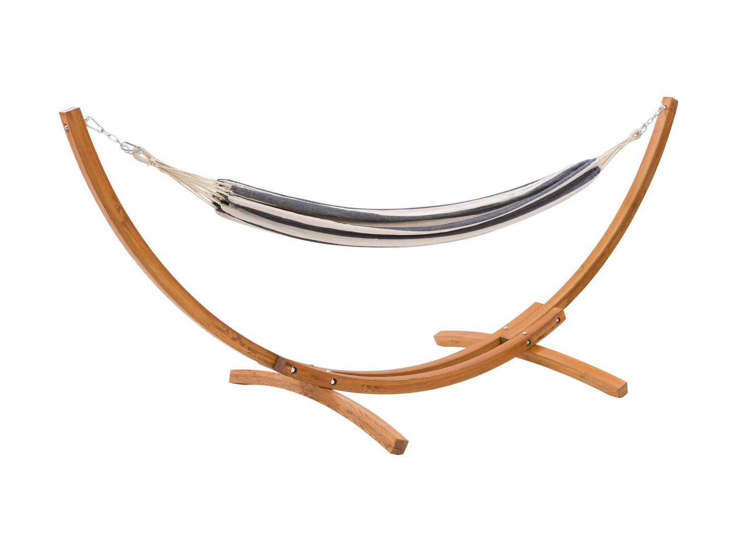 Wooden stand patio hammock with beige fabric, featuring a sturdy curved wooden frame and soft, durable hammock material, ideal for outdoor relaxation and garden decor.