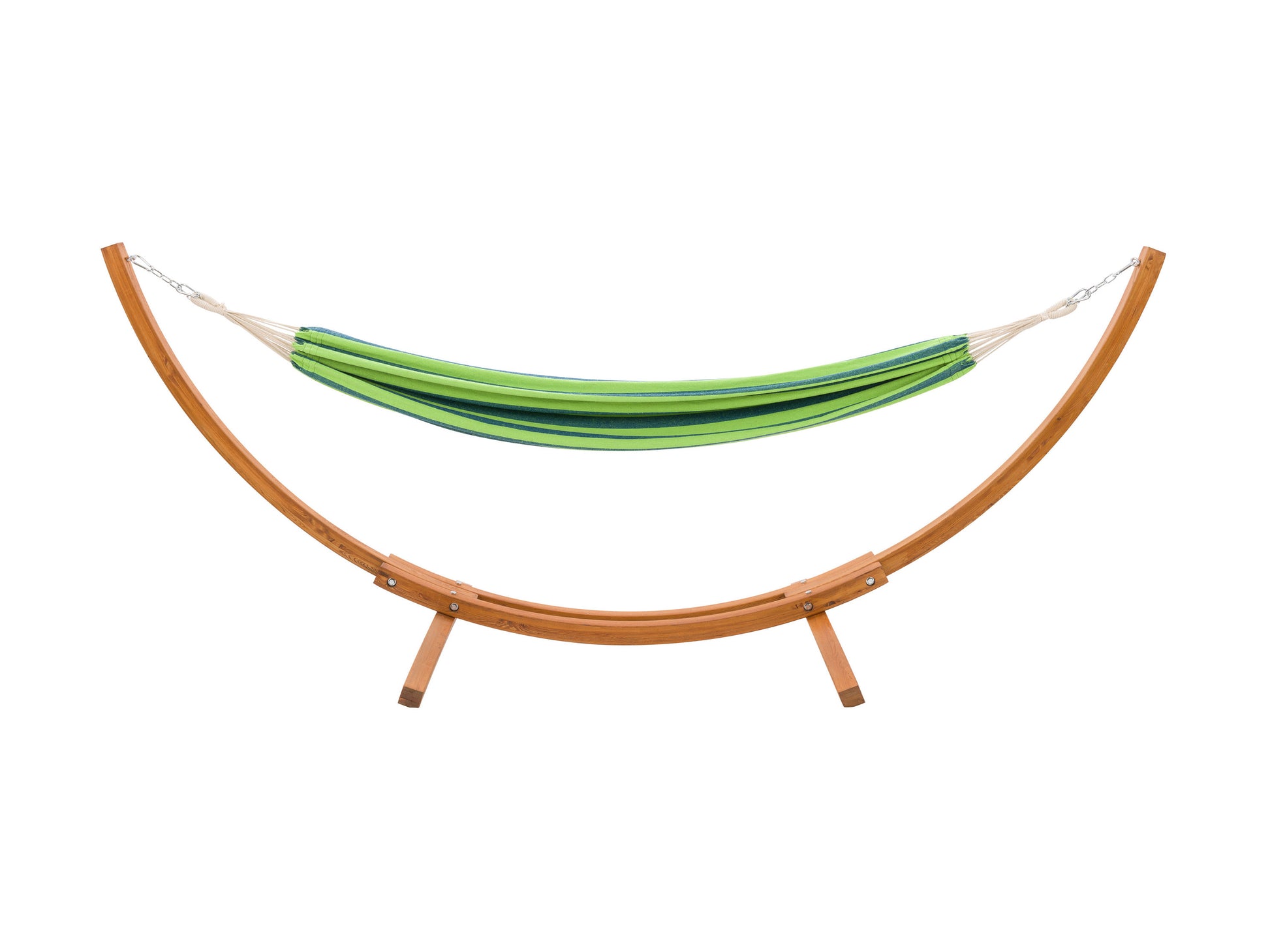 Natural wood stand patio hammock with beige fabric, curved wooden frame, and durable cotton ropes, perfect for outdoor relaxation and stylish garden decor.